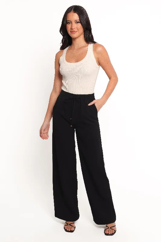 women’s long sleeve knit tops-Cinch Wide Leg Crepe Pant - Black