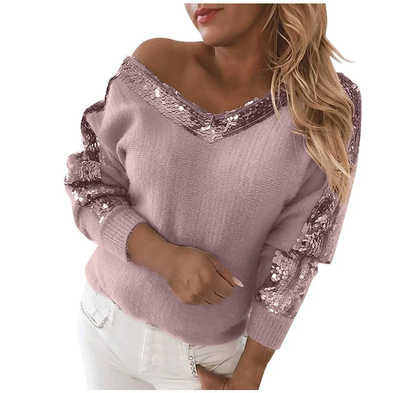 women’s cozy formal dresses-DressBetty - Women Sexy Off Shoulder V Neck Sequin Stitching Print Temperament Pullover Casual Long Sleeve Sweater Pullovers Winter Clothes