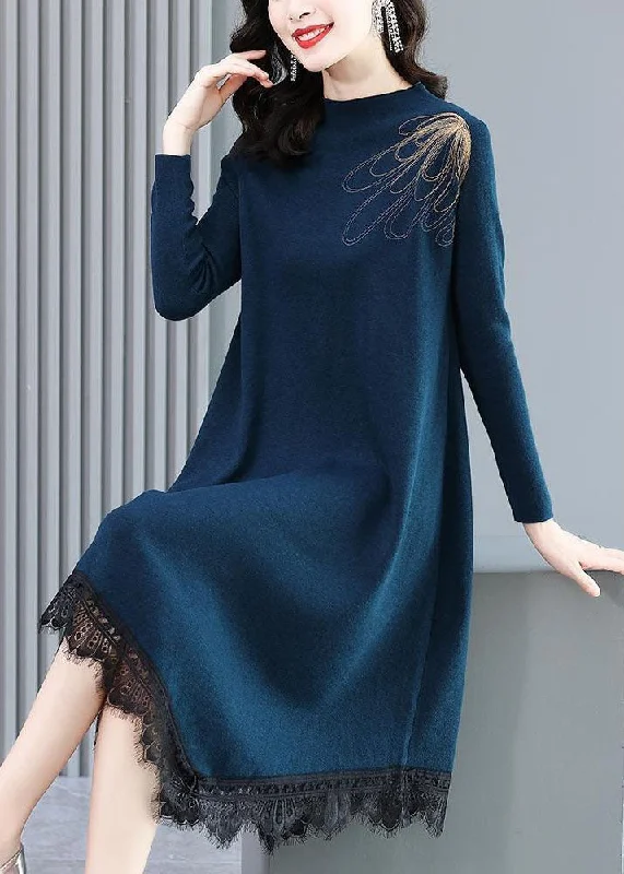 women’s stylish evening cardigans-Casual Blue High Neck Lace Patchwork Knit Sweater Dress Long Sleeve