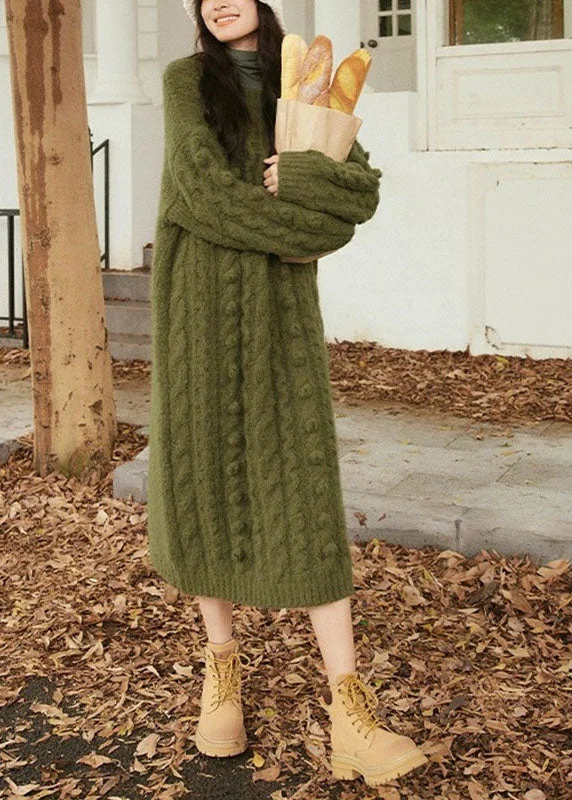 women’s cozy formal jackets-Handmade Green O-Neck Side Open Cozy Cotton Knit Cable Sweater Dress Long Sleeve