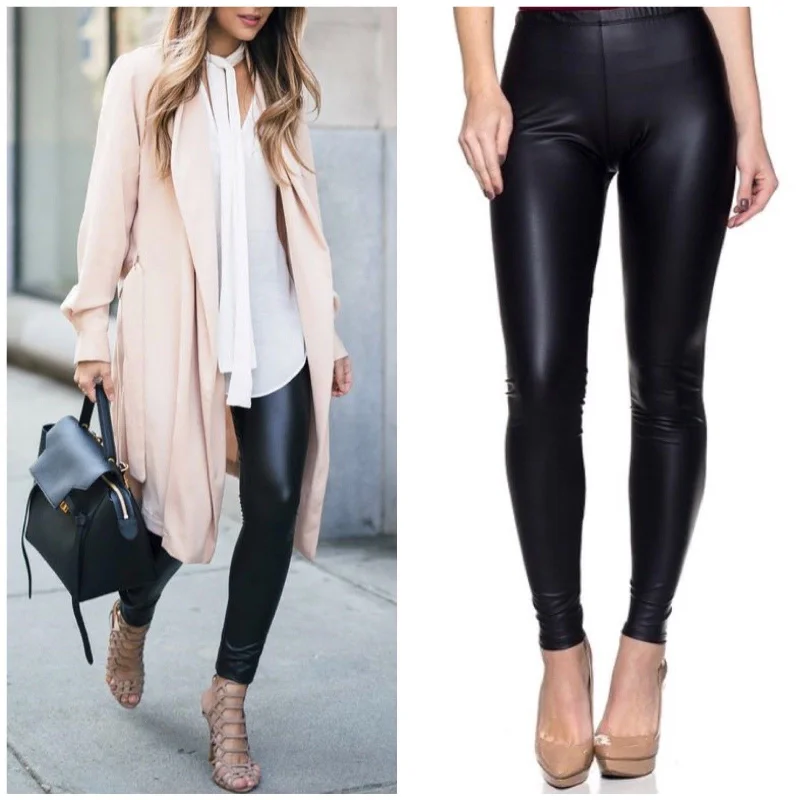 women’s trendy activewear tops-Black Matte Liquid Faux Leather Stretch Leggings Sexy Skinny Leg