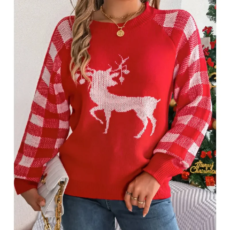 women’s business casual skirts-Knitted Plaid Christmas Sweater with Round Neck and Long Sleeves for Autumn/Winter