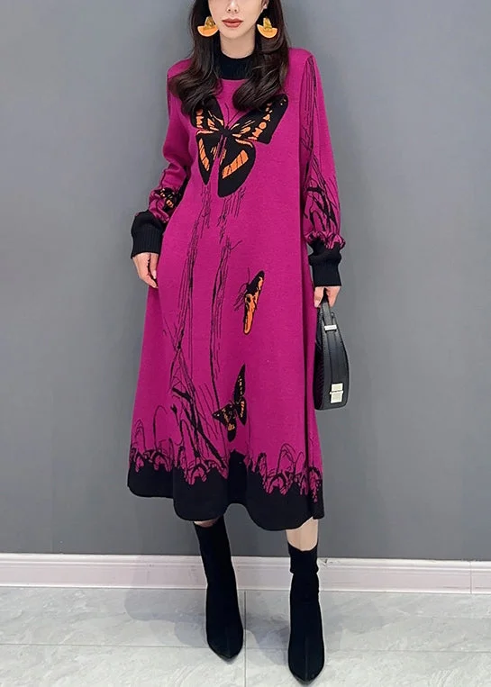 women’s cozy fashion coats-Loose Rose O-Neck Print Patchwork Knit Dresses Long Sleeve