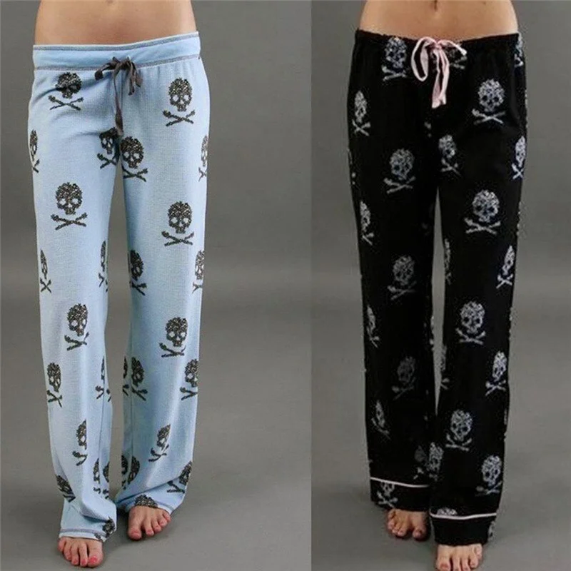 women’s comfy casual skirts-Women Lady Causal Daily High Waist  Skull Print Wide Calf Length Long Leg Pants Women's plus size Harajuku Pants #82015