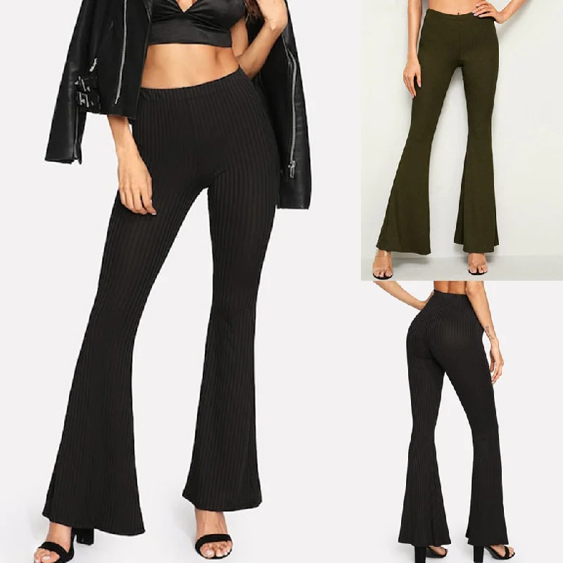 women’s elegant office tops-Women Sexy Casual Full Pants Solid Trousers Loose High Wide Leg Pant