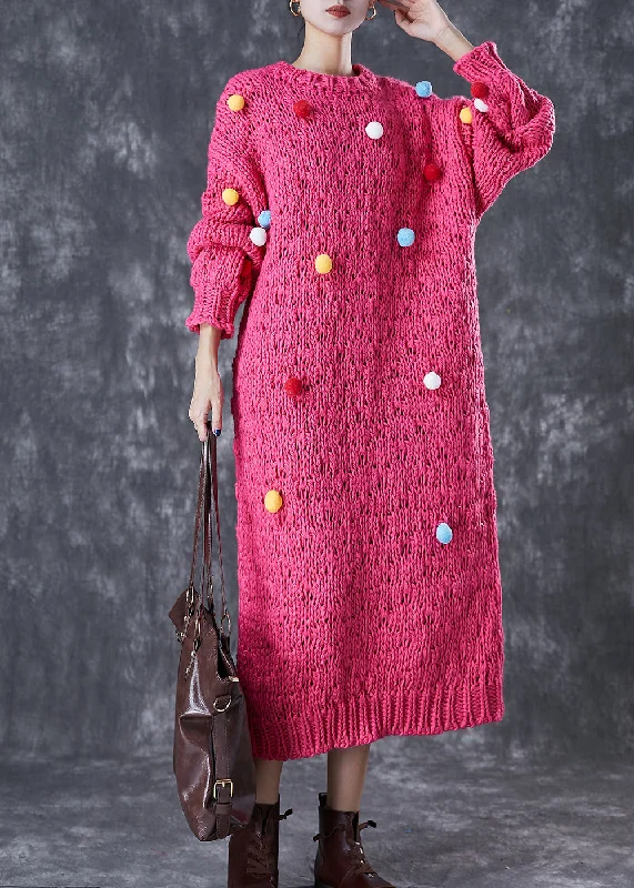 women’s comfortable winter cardigans-Italian Rose Fuzzy Ball Decorated Knit Long Sweater Dress Winter