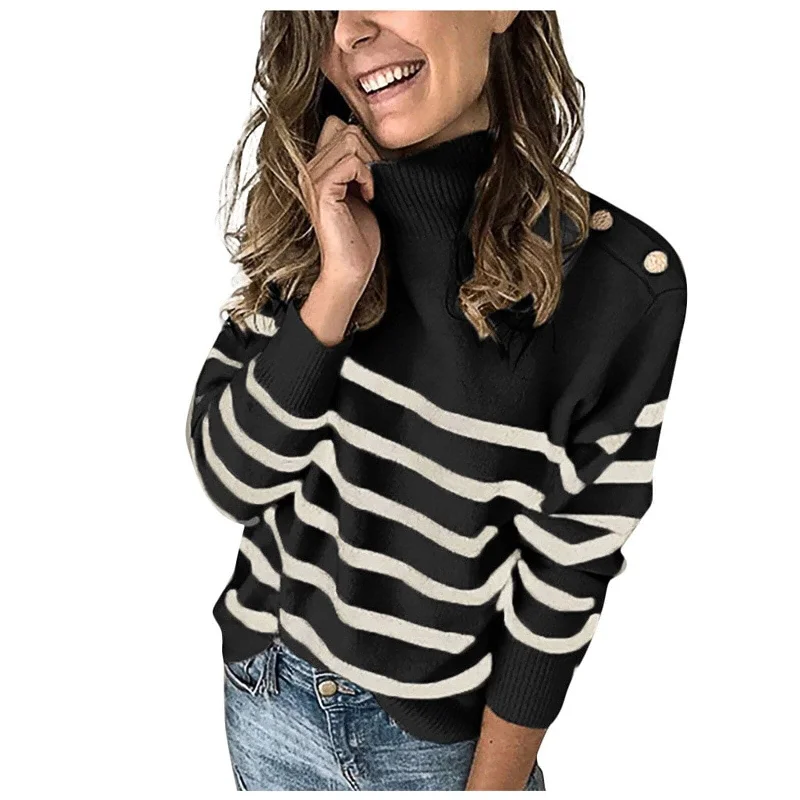 women’s cozy fleece sweaters-DressBetty - Women Color-Blocking Striped Turtleneck Sweater Long Sleeve Knit Pullover Women FallWinter Fashion Sweatshirt Sweater Tops