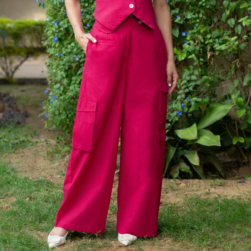 women’s chic wool skirts-Pink Cotton Poplin High-Rise Elasticated Wide Legged Cargo Pant