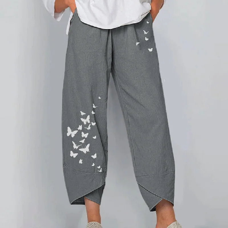 women’s chic leather skirts-Gray European And  Casual Loose Cotton And Linen Butterfly Printed Wide-leg Pants Women Vertical Flower Pants