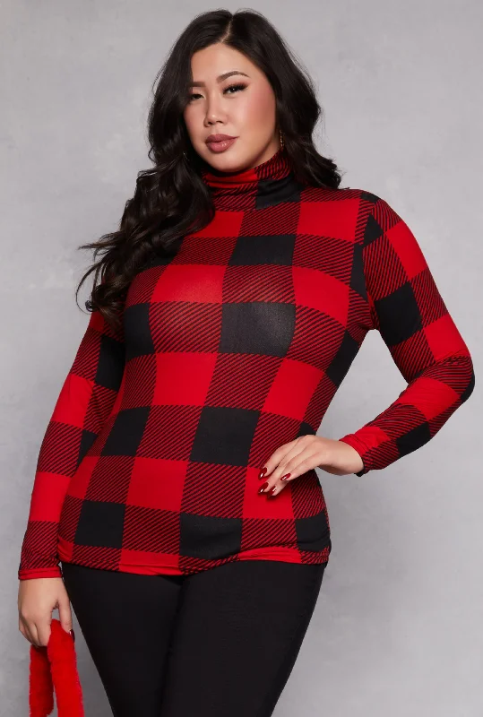 women’s trendy formal tops-Plus Size Buffalo Plaid Mock Neck Top