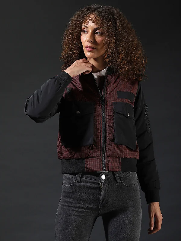 women’s trendy formal jackets-Campus Sutra Women Checks Stylish Casual Bomber Jacket