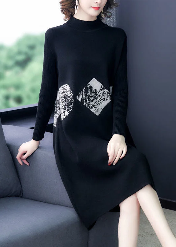 women’s casual fashion jackets for winter-Black Print Warm Cashmere Sweater Dress Stand Collar Long Sleeve