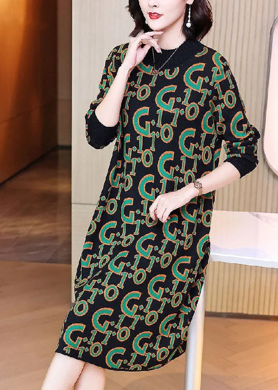 women’s business casual cardigans-Black Letter Print Knit Long Knit Dress Oversized Long Sleeve