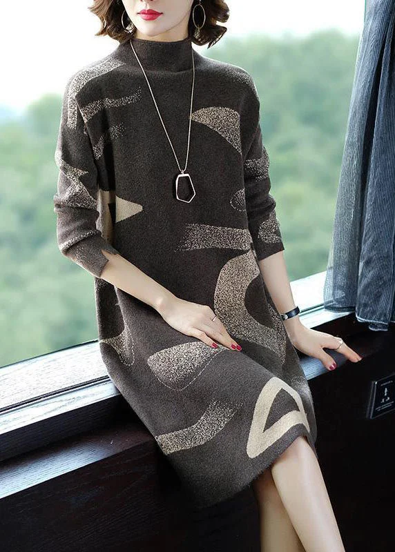 women’s comfy office cardigans-French Khaki Stand Collar Oversized Print Cashmere Sweater Dress Long Sleeve