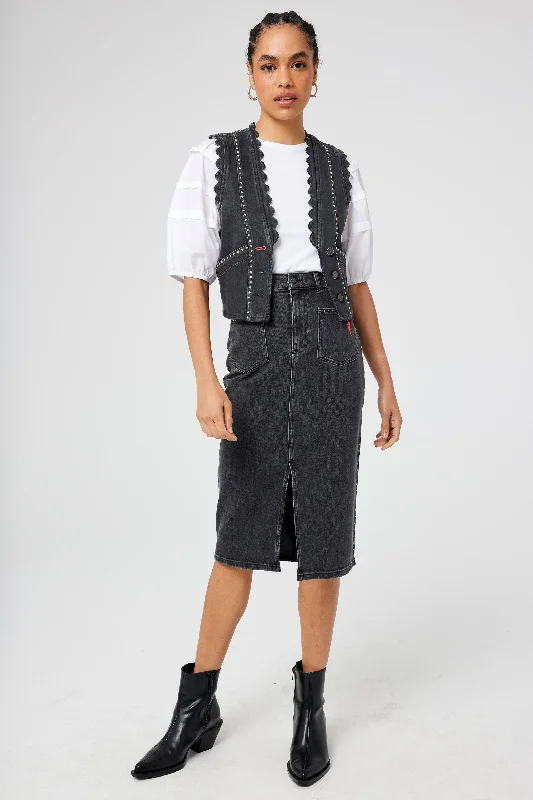 women’s fashion cardigans-Washed Black Studded Denim Scallop Waistcoat