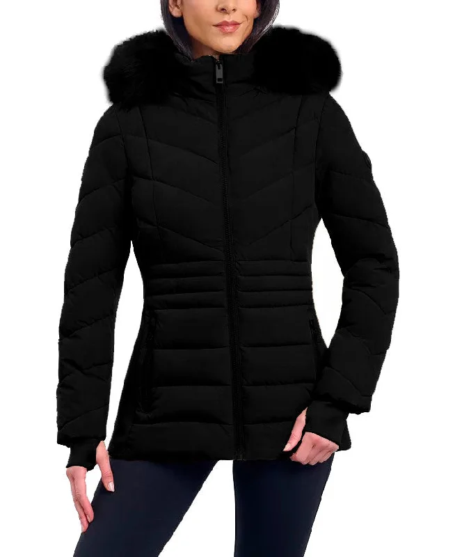 women’s formal holiday wear-Michael Michael Kors Women's Black Chevron Faux Fur Hooded Coat