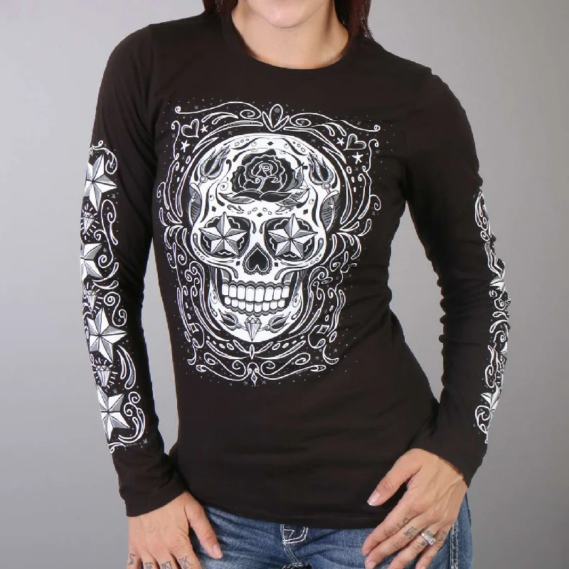 women’s casual fashion jackets-Hot Leathers GLC3183 Sugar Skull Black Long Sleeve Ladies Shirt