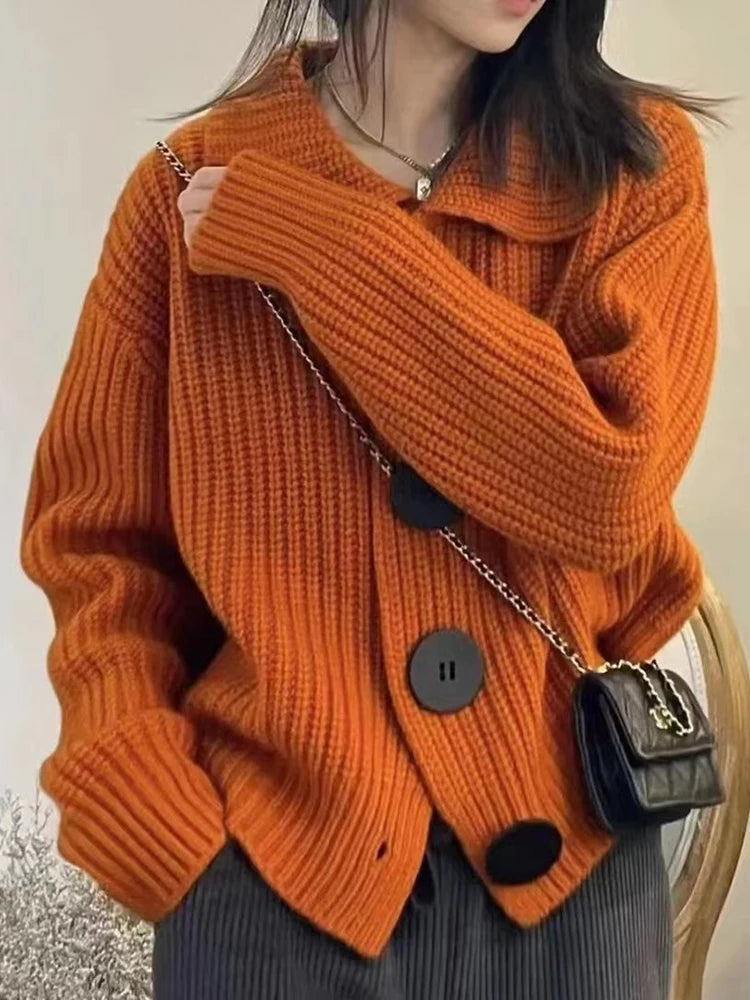 women’s chic casual cardigans-Loose Thick Large Button Knitted Autumn Winter Long Sweater