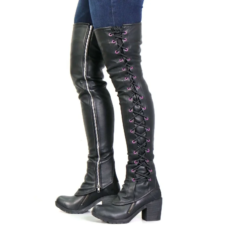 women’s trendy casual skirts-Hot Leathers LCU1004 Ladies Black Lambskin Leather Leggings with Purple Side Lace