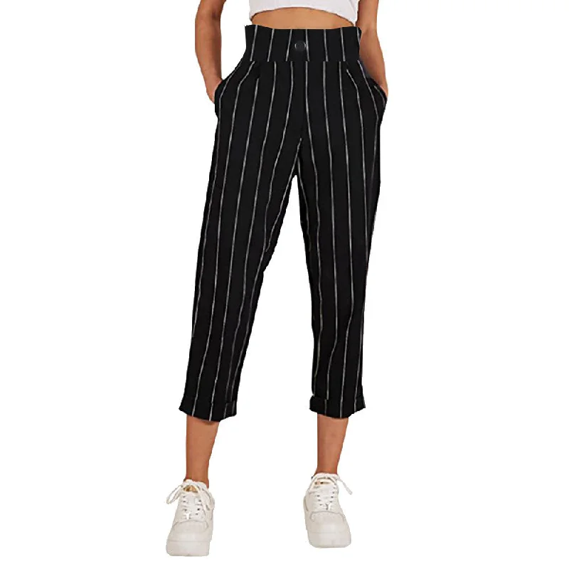 women’s trendy wool tops-Fashion Summer Striped Straight Leg Casual Pants Women High Waist Striped Casual Butto Pants With Pockets Ladies Trousers #612