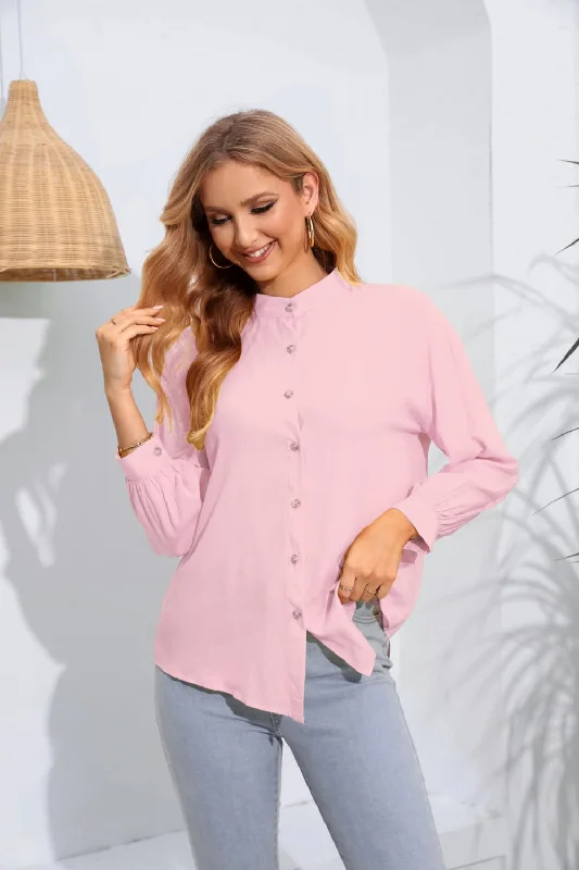 women’s trendy casual tops for work-Mock Neck Buttoned Long Sleeve Shirt