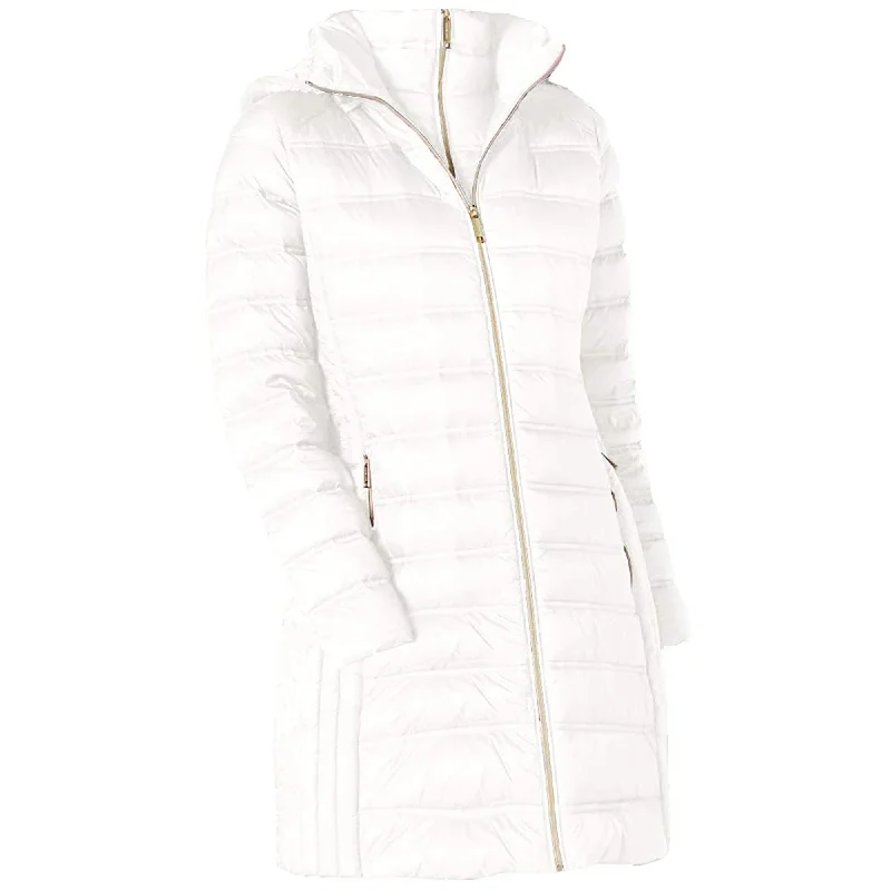 women’s stylish office cardigans-Michael Michael Kors White Down Hooded Packable 3/4 Coat