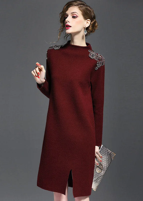 women’s formal office dresses-Chic Mulberry Turtle Neck Side Open Knit Sweater Dress Long Sleeve