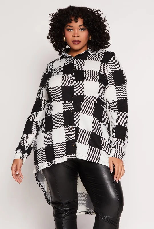 women’s fashionable casual outfits-Plus Size Buffalo Plaid High Low Shirt