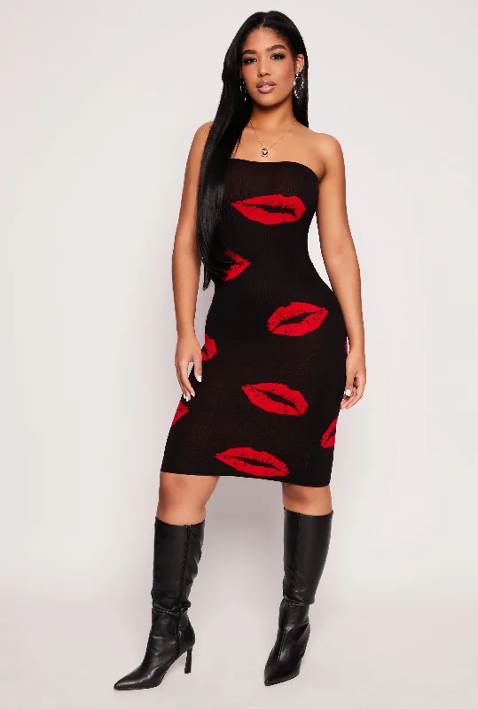 women’s elegant printed dresses-Lip Print Midi Tube Dress