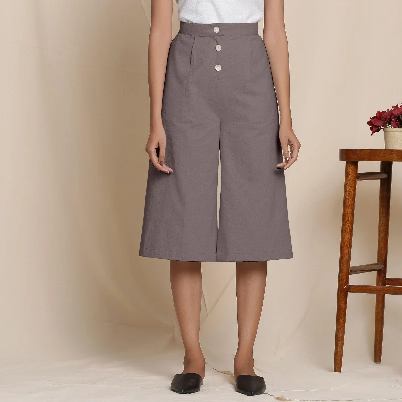 women’s trendy pleated dresses-Solid Ash Grey Warm Cotton Flannel High-Rise Culottes