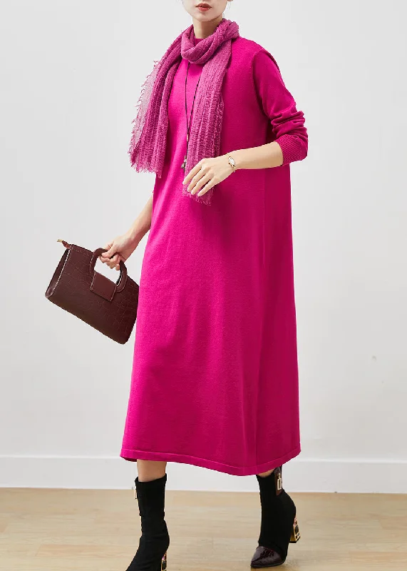 women’s cozy workwear sweaters-Beautiful Rose Stand Collar Silm Fit Long Knit Dress Spring