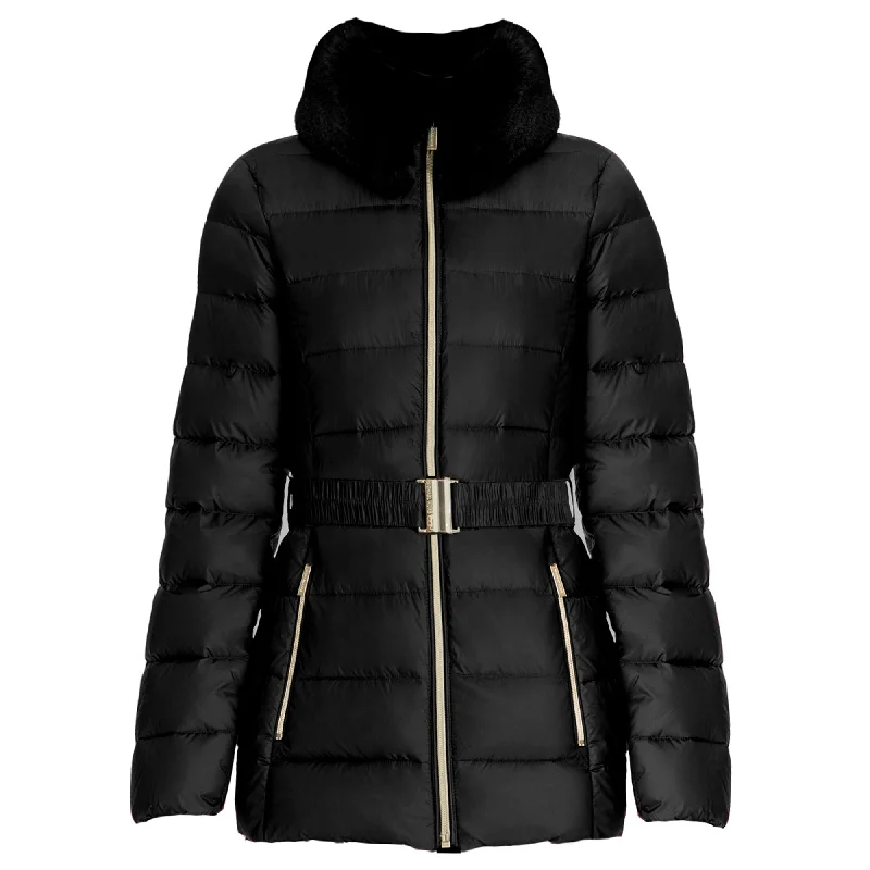 women’s cozy knit cardigans-Michael Kors Women's Black Faux Fur Collar Belted Lightweight Down Puffer Coat