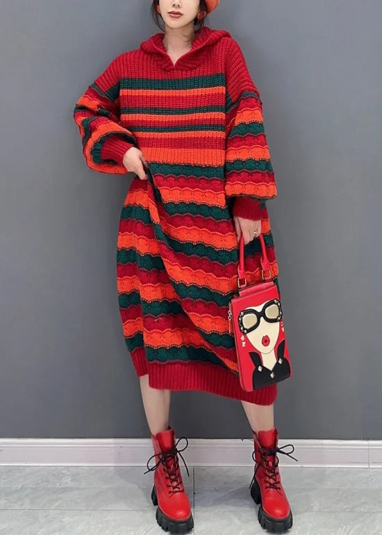 women’s stylish sweater outfits-Loose Red Striped Hooded Cozy Knit Dress Long Sleeve