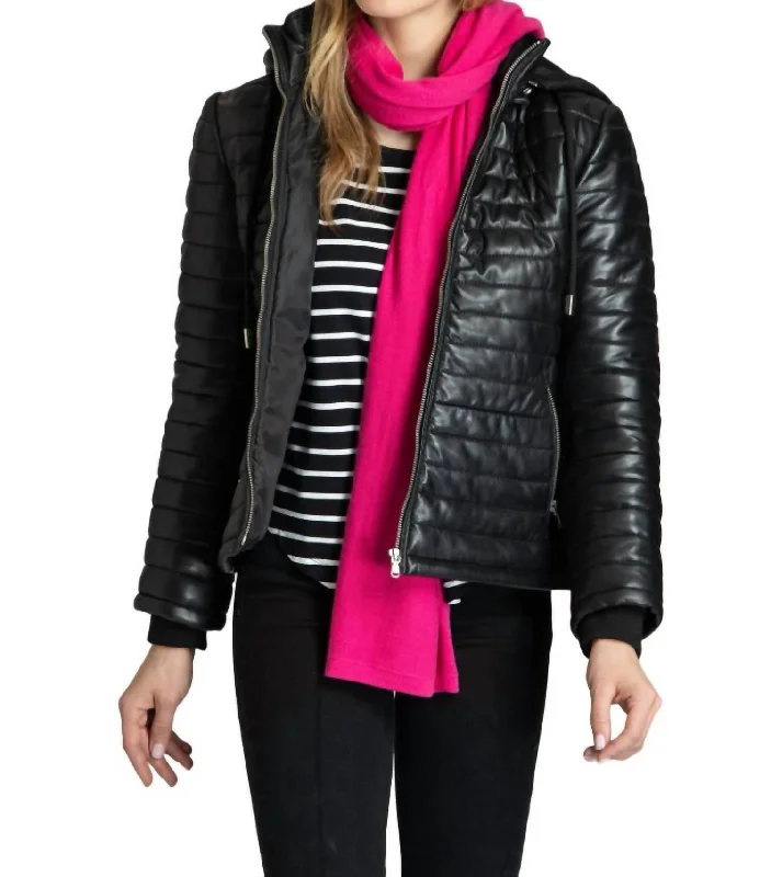 women’s elegant printed skirts-Leather Puffer Jacket With Detachable Hood In Black