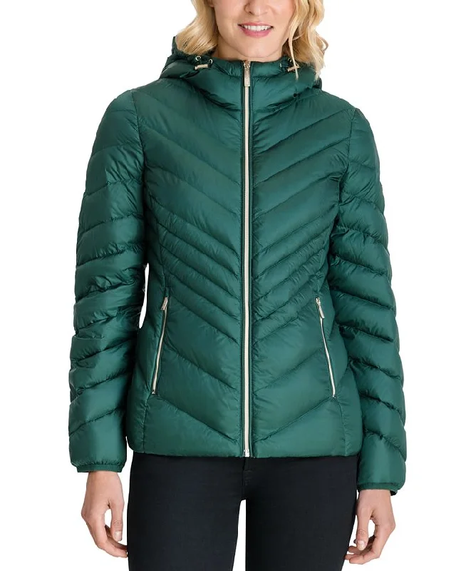 women’s trendy fashion boots-Michael Michael Kors Women's Green Chevron Double Layer Zipper 3/4 Hooded Packable Coat