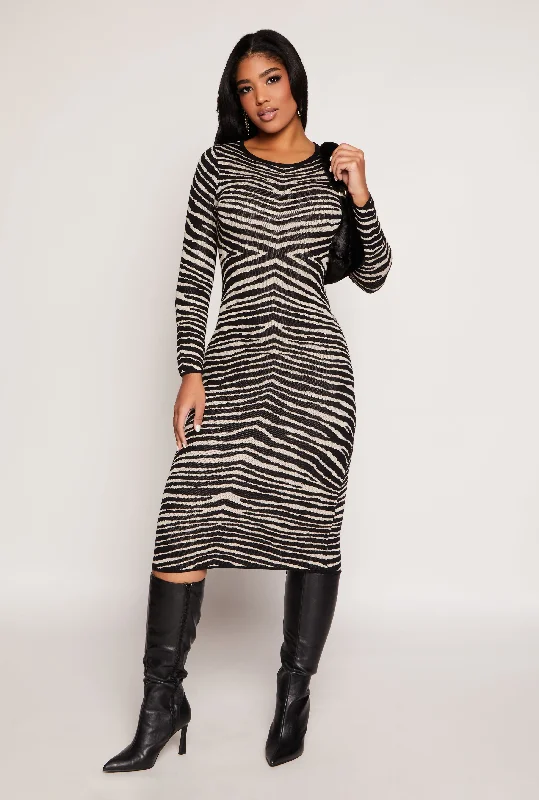 women’s cozy jackets for winter-Almost Famous Zebra Lace Up Back Sweater Dress