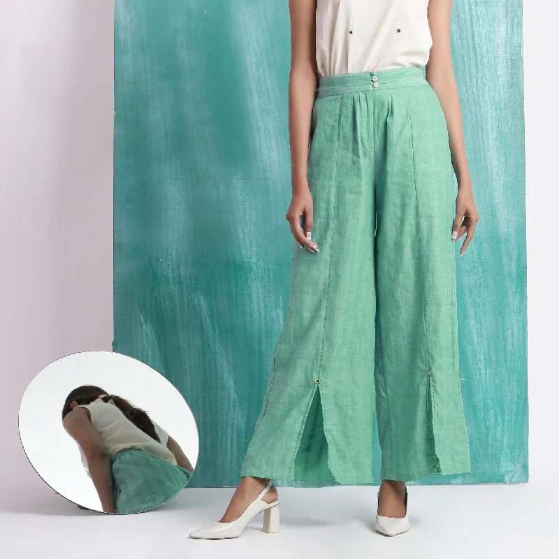 women’s elegant office wear skirts-Ocean Green 100% Cotton Elasticated Mid-Rise Wide Legged Pant