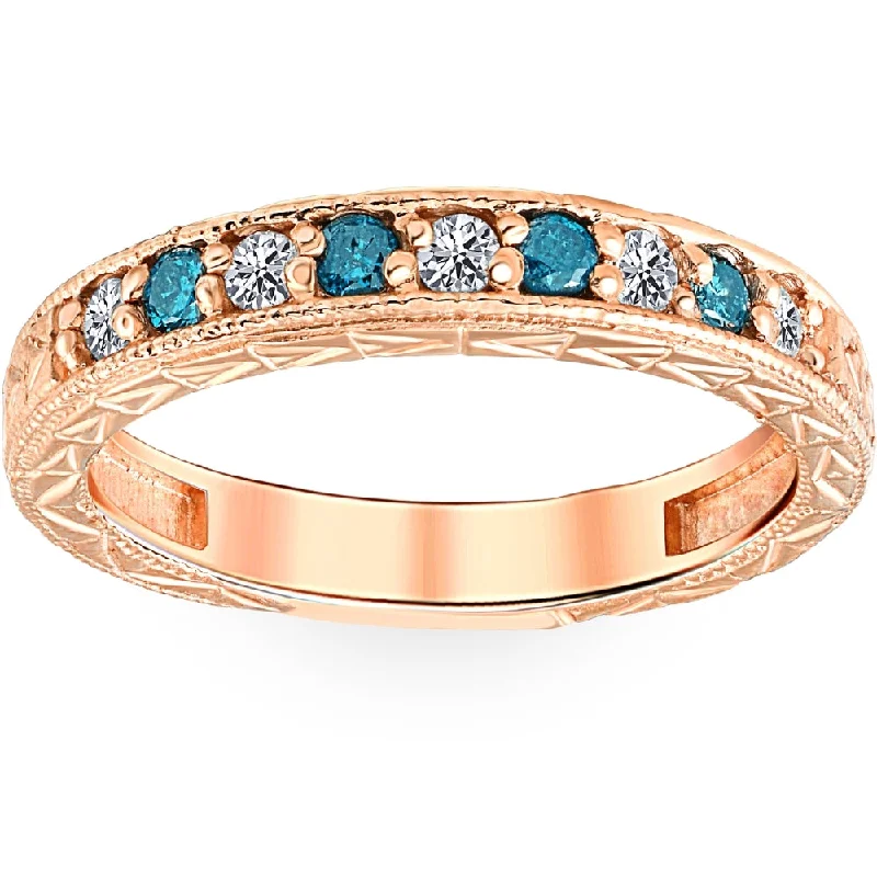 designer wedding jewelry for bridesmaids -1/4CT Blue & White Diamond Vintage Wedding Anniversary Ring 14K Rose Gold