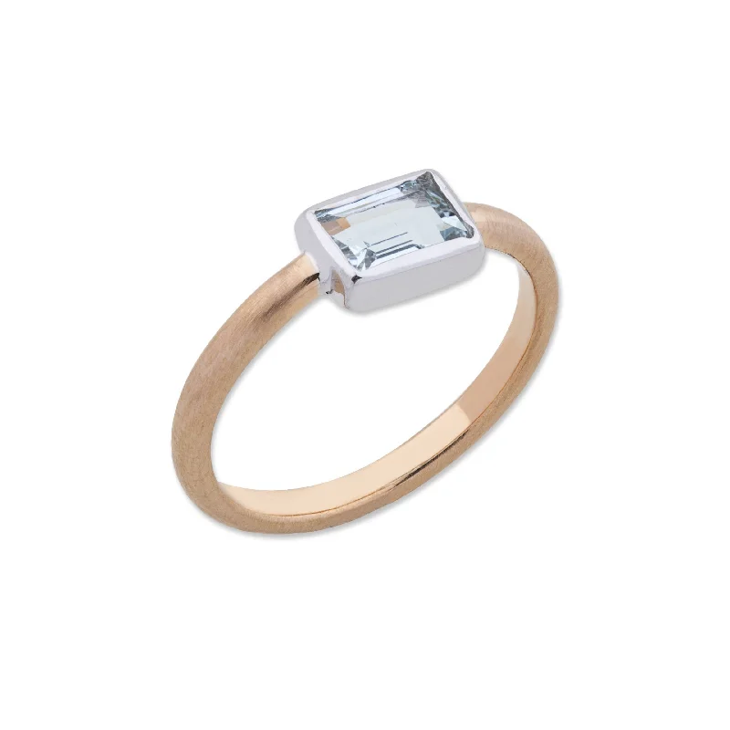 stunning sapphire engagement rings -22K Rose Gold "Love" Stacking Ring With Baguette Cut Aquamarine Set in 18K White Gold