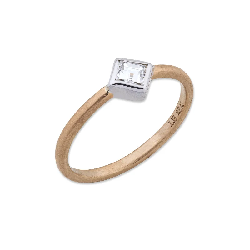 custom bridal jewelry for women -22K Rose Gold Peach Glow "Love" Stacking Ring With Square Emerald Cut Diamond Set in 18K White Gold Bezel