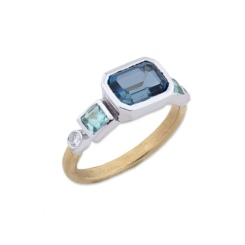 custom silver rings for engagements -22K Yellow Gold "Love" Stacking Ring With London Blue Topaz, Mint Tourmalines And Diamonds Set In 18K White Gold Bezel