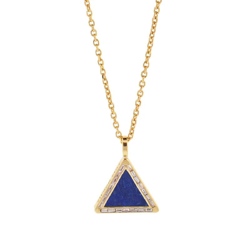 elegant pearl wedding rings for brides -Lapis Triangle Pendant Necklace with Diamond Baguettes