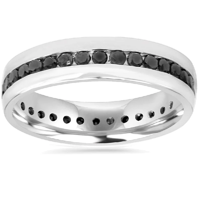 beautiful gemstone jewelry for brides -Mens 1 1/4ct Channel Set Black Diamond Eternity Ring Wedding Band 10K White Gold