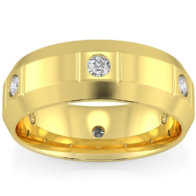 stylish custom engagement rings with diamonds -Men's 3/4Ct Round Cut Diamond Polished 8mm Wedding Ring Gold Lab Grown