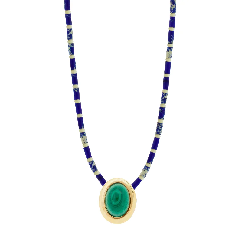 unique gold wedding bands for men -Oval Malachite Cabochon on Jasper Beaded Necklace