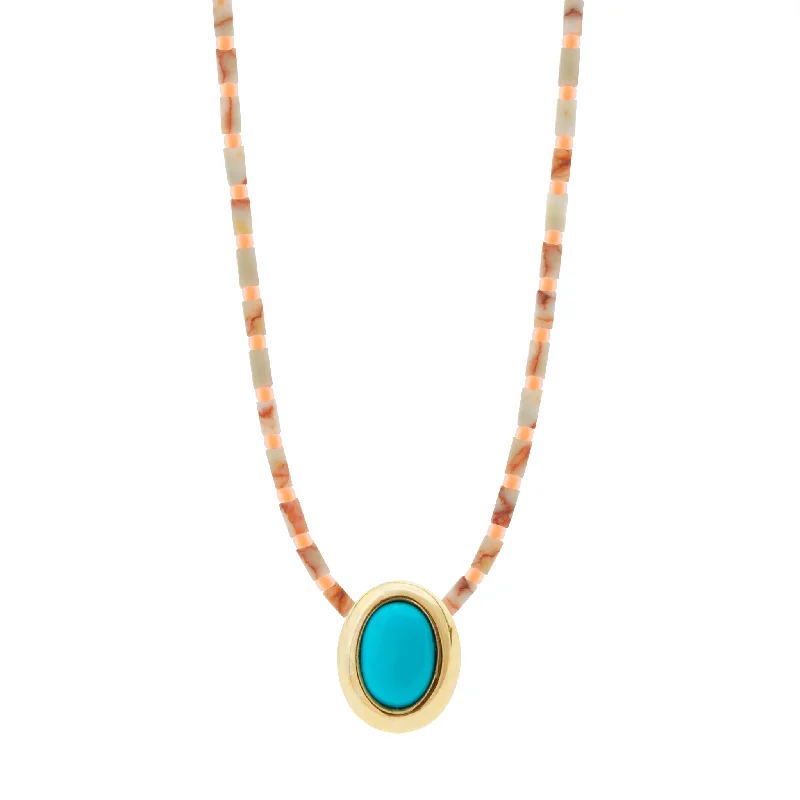 affordable wedding jewelry with diamonds -Oval Turquoise Cabochon on Jasper Beaded Necklace