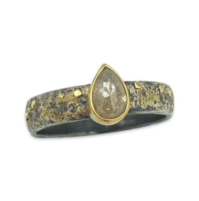 stylish wedding rings with gemstones -Rose Cut Pear Shaped Salt and Pepper Diamond Set Ring in 18k Gold