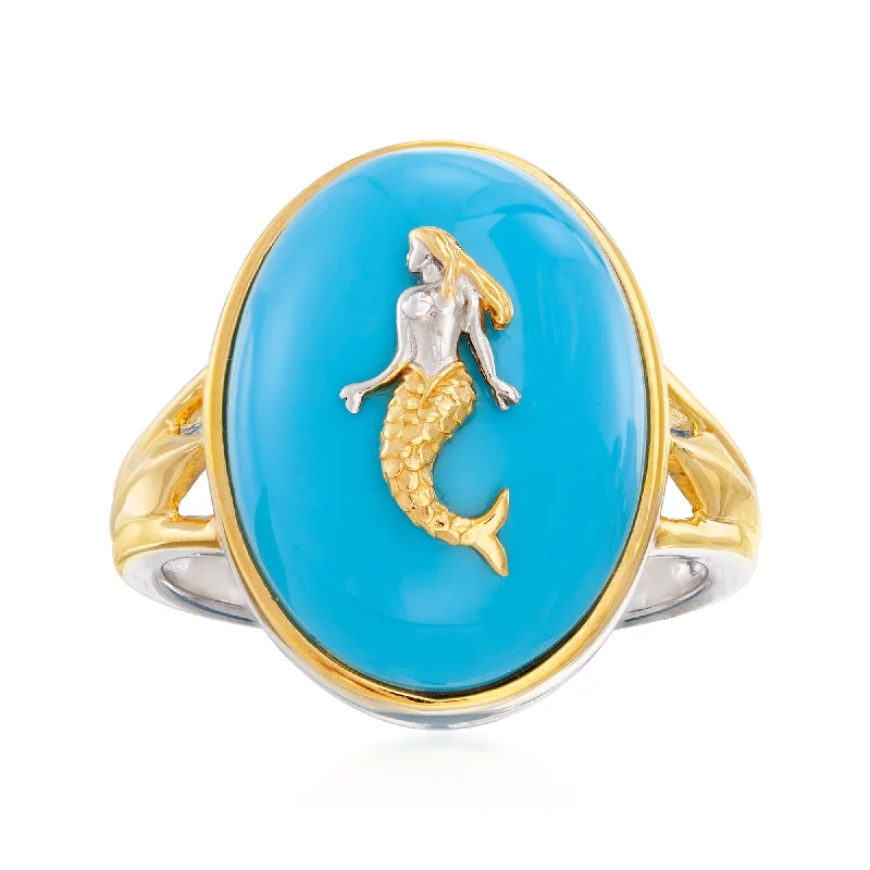 elegant custom-made wedding bands -Ross-Simons Turquoise Mermaid Ring in Sterling Silver and 18kt Gold Over Sterling