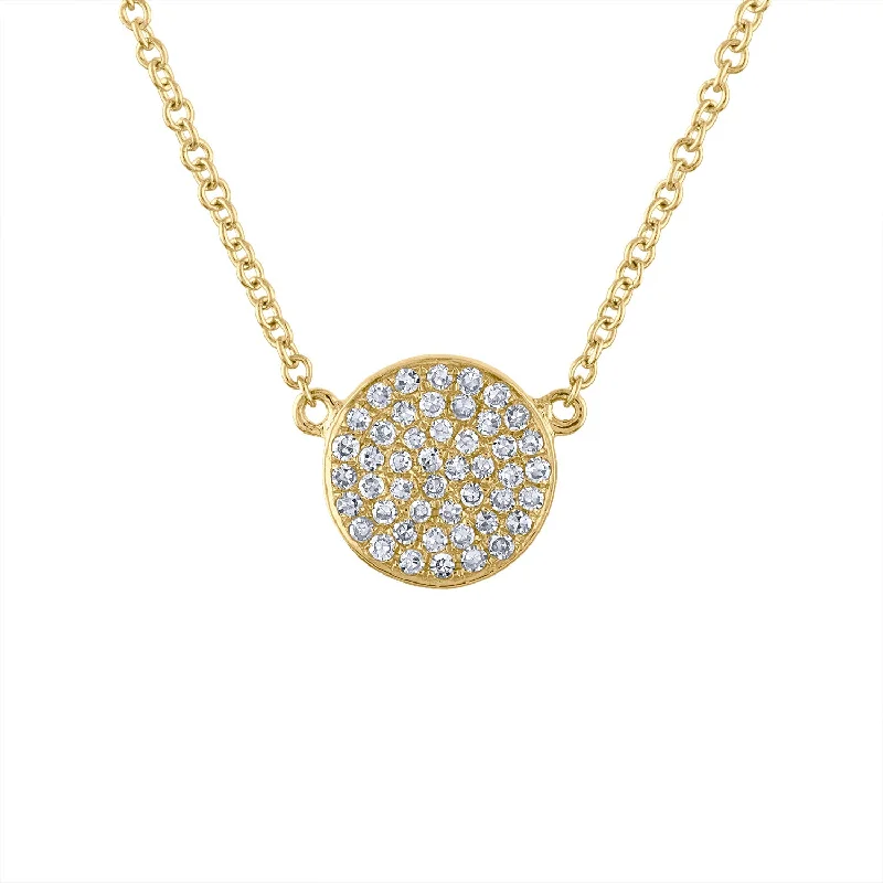 exclusive gold jewelry for engagements -14KT GOLD SMALL PAVE DIAMOND DISK NECKLACE