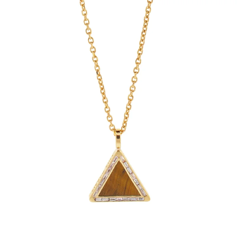 handcrafted silver bracelets for engagement -Tiger's Eye Triangle Pendant Necklace with Diamond Baguettes